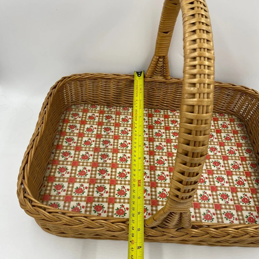 Vintage Large Woven Wicker Basket Gingham Lining Country Rustic Shabby Chic